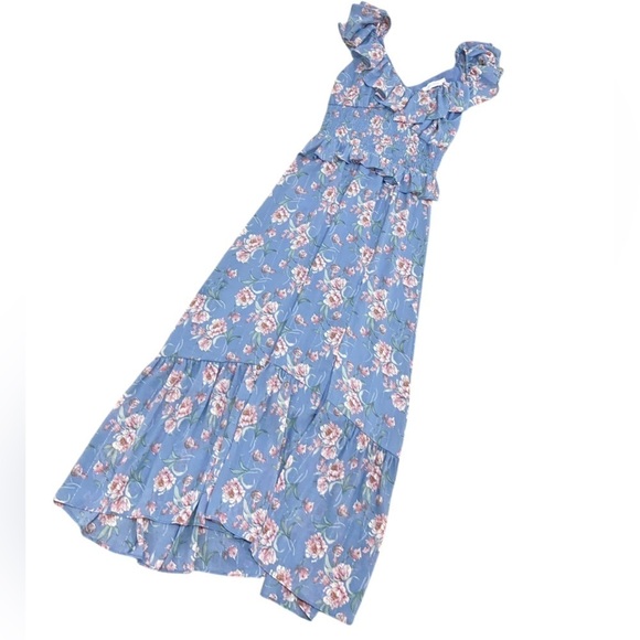 Floret Studios blue floral v neck smocked ruffle midi dress high slit size small - Picture 5 of 14